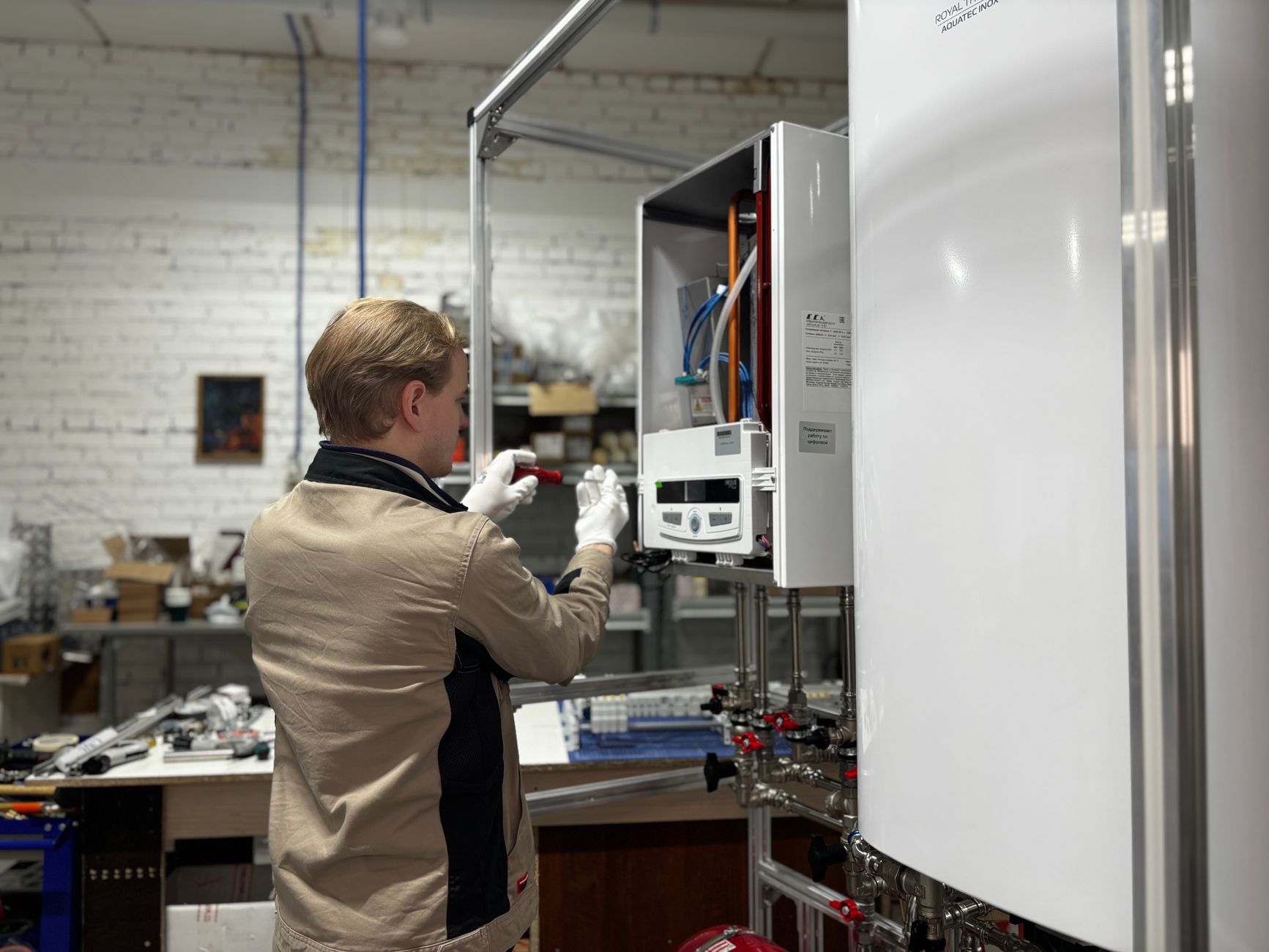 Technician inspecting a heating unit